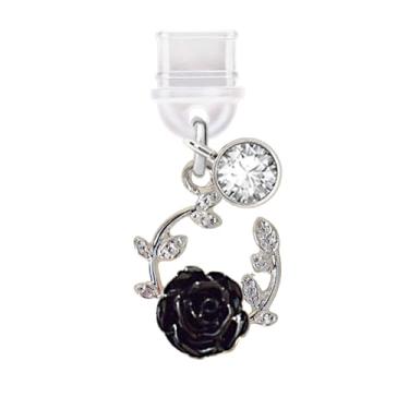 Imagem de ELISE & FONDA TP462 Tipo-C porta de carregamento antipoeira plug love rose guland pingente de telefone celular para iPhone 15/16/Samsung/OnePlus/Xiaomi/oppo telefones Android (preto), approx. 1.8 cm