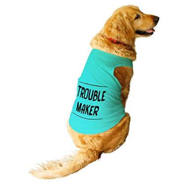 Imagem de Ruse - Camiseta de verão para cães com estampa "Troublemaker" para animais de estimação gola redonda sem manga/camisetas/vestuário/roupas para cães verde-aqua/médio (Pugs gordinhos, beagle, etc.)