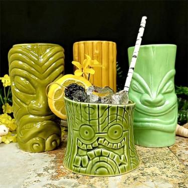 Imagem de Conjunto de 4 coquetéis de canecas Tiki – copo de cerâmica grande – lindos coquetéis exóticos – copos de cerâmica engraçados – taças profissionais de bar tiki – utensílios de festa havaiana – ótima ideia de presente para bar doméstico