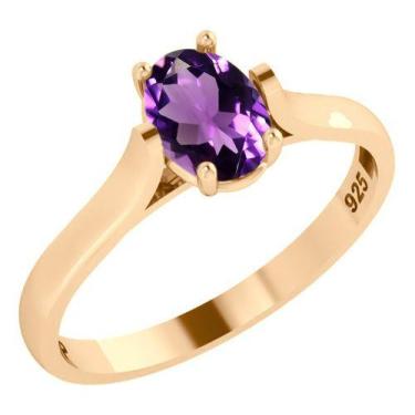 Imagem de Anel Solitário Oval Em Prata 925 Dourada 18k - Ametista - Tudo Prata, 