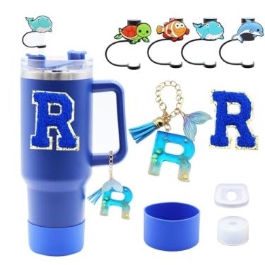 Imagem de Liangang Conjunto de acessórios de copo Stanley azul oceano, 9 peças, incluindo bota, tampa à prova de derramamento, 4 peças de capa de canudo de animais, pingente de alça de iniciais e carta adesiva