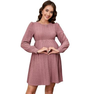 Imagem de Vestido de maternidade manga lanterna gola redonda evasê rodado vestido de malha casual solto inverno pulôver suéter vestido midi, rosa, XGG