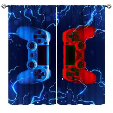 Imagem de Cortinas de jogos modernas, videogames abstratos 3D, vermelho, azul, relâmpago, tratamentos de janela, cortinas para quarto de crianças, meninos, adolescentes, sala de estar, 107 cm L x 114 cm C, (sem