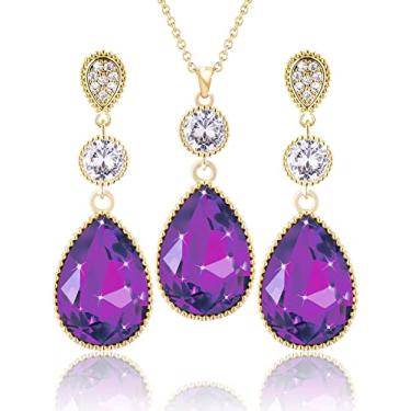 Imagem de Qinpan 18 * 13 mm pingente de cristal gota gota pingente pingente colar e brincos conjunto de joias para mulheres fantasia banhado a ouro, 38*14.5mm, Ouro amarelo, Ametista