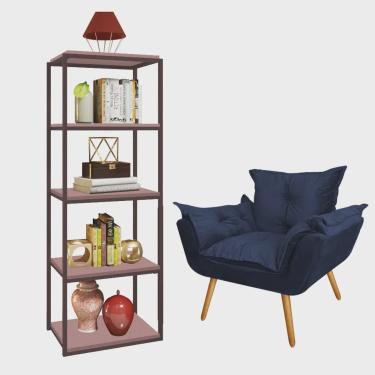 Imagem de Kit Poltrona Fatte com Estante Livreiro Ferro Marrom mdf Rose Suede Azul Marinho - Ahazzo Móveis