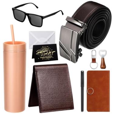 Imagem de Tioncy Conjunto de 12 peças de presente de aniversário masculino com caixa cesta de presente de dia dos pais abridor de garrafa de madeira PU carteira de couro PU cinto de gravata chaveiro óculos de