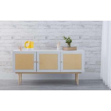 Imagem de Balcão Buffet Pés Palito Madeira 3 Portas Mdf E Palhinha Estilo Retrô 