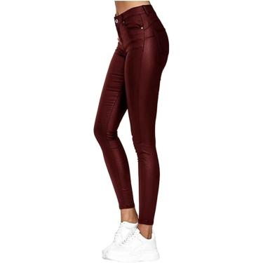 Imagem de Calças altas femininas, fit skinny couro look calças de cintura alta pU pernas de couro preto calças de couro falso