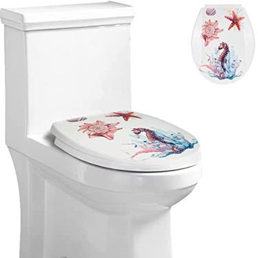 Imagem de CUTPOIY Tampa de vaso sanitário para fixação superior do vaso sanitário, formato oval, branco com vários padrões, cavalo-marinho - tamanho único