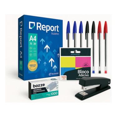Imagem de Kit Escritório Papel A4, Caneta, Bloco, Grampeador E Grampos - Paper H