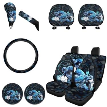 Imagem de FKELYI Conjunto completo de capas de assento de carro com estampa de folha de palmeira verde com capa de câmbio e capa de freio de mão, capa de volante elástica, porta-copos de copo, capas de encosto