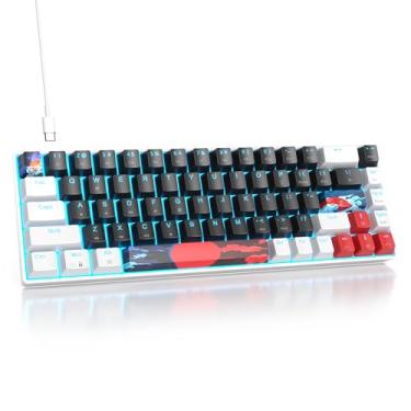 Imagem de surmen 65% teclado mecânico para jogos com interruptor vermelho linear, mini teclado compacto com fio, 60% retroiluminado para laptop, desktop, PC gamer (68 preto-azul gelo)