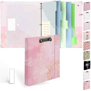 Imagem de Etzul Fichário de 3 anéis de 2,5 cm com prancheta - design de mármore rosa e dourado, inclui divisórias, saco de arquivo e etiqueta de lombada - elegante e durável para uso diário, filme holográfico à