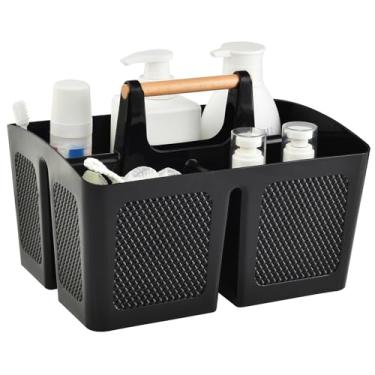 Imagem de Haundry Cesto de plástico preto para chuveiro com 3 compartimentos, organizador organizador de limpeza de banheiro dividido portátil com alça para dormitório, faculdade, itens essenciais de quarto