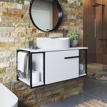 Imagem de Gabinete Suspenso Para Banheiro 80cm P1019 Branco Com Cuba Berlin Branca Preto/branco