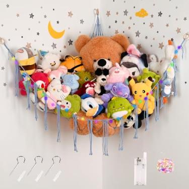 Imagem de Wrbin Large Size Stuffed Animal Hammock Corner with LED Light, Cotton Rope Corner Net for Stuffed Animals Storage,Toy Hammock for Stuffed Animals Organizer, Baby Nursery Bedroom Decor(XL-Blue)