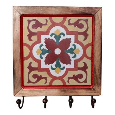 Imagem de Cabideiro Em Madeira Com Ladrilho Hidráulico Porta Chaves Roupas Bolsas Ladrilho A5