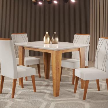 Imagem de Mesa De Jantar Retangular Divine Com Vidro 1,20x90 E 4 Cadeiras Vegas Em Madeira Maciça Mel- Off White-marfim