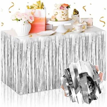 Imagem de LANTIANCHEN Pacote Com 3 Saias De Mesa Franjas Folha Prateada, Serpentinas Enfeites Metálicos, Guirlanda, Faixa Fundo Para Decoração Festa Aniversário, Ação Graças, Natal E Halloween (29 X 108 Pol.)