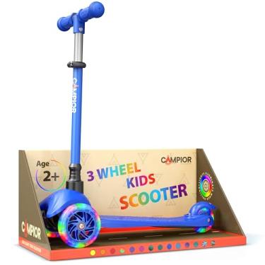 Imagem de Mini scooter azul de 3 rodas para crianças – scooter inclinada para dirigir com rodas de LED iluminadas, guidão ajustável, plataforma antiderrapante ampla, rodas de poliuretano suave, freio de pé