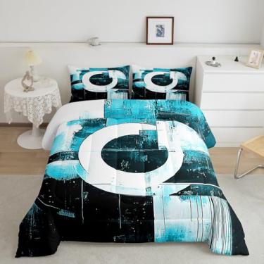 Imagem de Feelyou Conjunto de cama infantil, preto, branco e azul-petróleo, arte abstrata, tamanho Queen, geométrico, arte moderna, ultramacio, geométrico, decoração de quarto