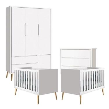 Imagem de Quarto De Bebê Theo 3 Portas Com 02 Berços E Cômoda Gaveteiro Branco Acetinado Pés Madeira - Reller