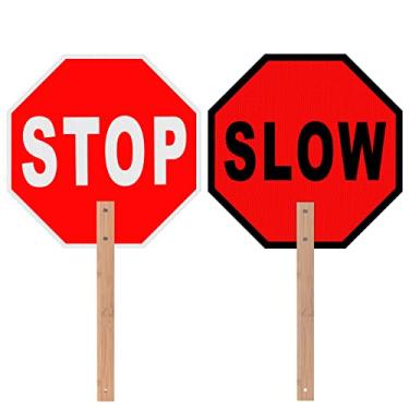 Imagem de MUXYH Sinal Stop Slow Slow Sinal de segurança no trânsito, placa de alumínio refletiva octógono de 33 x 33 cm, com alça de bambu