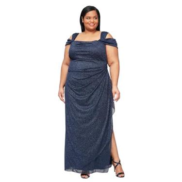 Imagem de Alex Evenings Vestido feminino plus size longo ombro vazado com saia franzida, Glitter azul-marinho escuro, 58