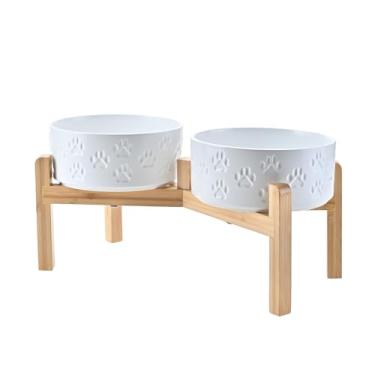 Imagem de SPUNKYJUNKY Tigelas elevadas de cerâmica para cães, 19,3 cm, com suporte de bambu antiderrapante para raças de tamanho médio a grande podem ser lavadas no micro-ondas - 1,2 g, pata branca
