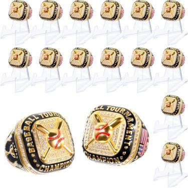 Imagem de Misdary 16 peças de anéis de campeonato de basquete de futebol com suporte anel de ouro troféu de jogador mais valioso presente prêmio do time para vencedor do torneio de futebol (beisebol)