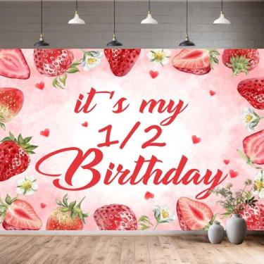 Imagem de Decoração de aniversário de 1,5 x 3 m, 6 meses, pano de fundo fotográfico para meninas, decoração de parede de morango It's My 1/2 Birthday Party Backdrops Photo Booth Banner Balloons Wall Decor