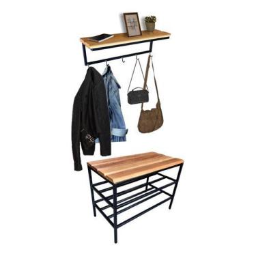 Imagem de Banco Sapateira Hall Entrada Aço Estilo Industrial e Madeira Prateleir