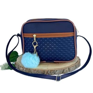 Imagem de Bolsa Feminina Alça Transversal Tira Colo Estampa Moderna Com Pompom(Azul Marinho)