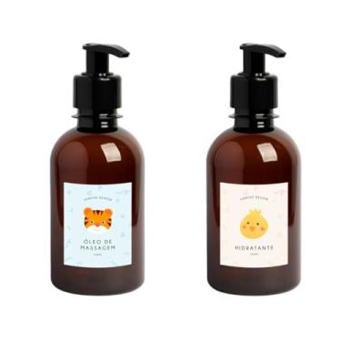Imagem de Kit Frascos Massagem Kids Âmbar 200ml Plástico Hidratante Óleo de Massagem Banheiro Nicho Resistente (Animals)