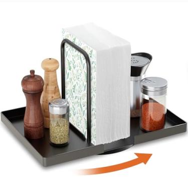 Imagem de Porta-guardanapos para mesa, dispensador de guardanapo giratório de madeira com armazenamento de saleiro e pimenteiro, suporte de toalha de papel de metal para mesa, bancada de cozinha, decoração de