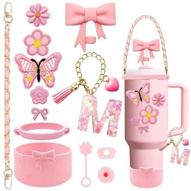 Imagem de XIANGYUAN Conjunto de acessórios de copo rosa de 14 peças para copo Stanley Cup de 850 g 1,134 g com alça, inclui alça, decoração de arco de palha, capa de palha, bota, tampas à prova de derramamento