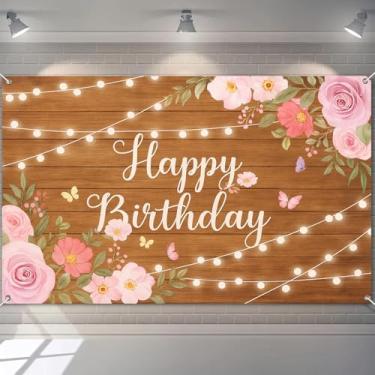 Imagem de BlissYard Faixa de Happy Birthday Rústica Floral Grão de Madeira Tecido Decration Luzes Flores Borboletas Aniversário Cenário Celebrações Foto Cabine Fundo 180 x 109 cm Decoração de Eventos