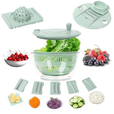 Imagem de Cortador de salada grande multiuso, tigela giratória de 5,3 litros para lavagem de frutas, secador de alface com 5 lâminas, triturador de fatiador de gema de ovo, tigela de salada para preparação