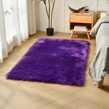 Imagem de duduta Tapete de pele de carneiro sintética roxa 0,9 x 1,5 m, tapete felpudo fofo para quarto de dormir, berçário, sala de jogos, antiderrapante, lavável