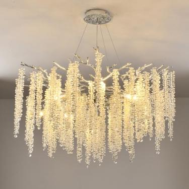 Imagem de Upfelw Lustre de galho de árvore de cristal moderno, cromado polido redondo art déco luminária gota de chuva para sala de jantar quarto sala de estar 10 luzes D76 cm