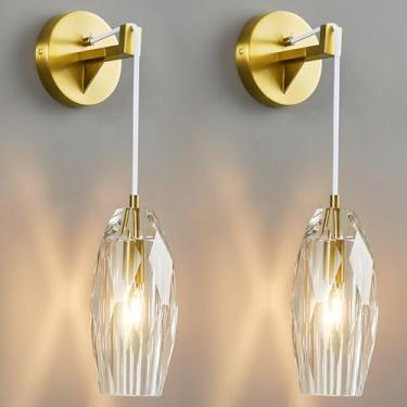 Imagem de zhllmq Conjuntos de arandelas de parede de dois arandelas de sombra de cristal dourado de latão iluminação moderna de parede luminária de parede com arame duro para banheiro, luminária para quarto