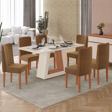Imagem de Sala de Jantar Heloize 100% MDF Tampo de Vidro 1,60 + 6 Cadeiras Acolchoadas Coral Tuboarte