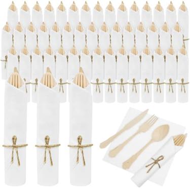 Imagem de Pacote com 100 talheres de madeira descartáveis pré-embrulhados – Colheres de madeira pré-enroladas, garfos, facas com guardanapos, conjunto de talheres embrulhados descartáveis, talheres