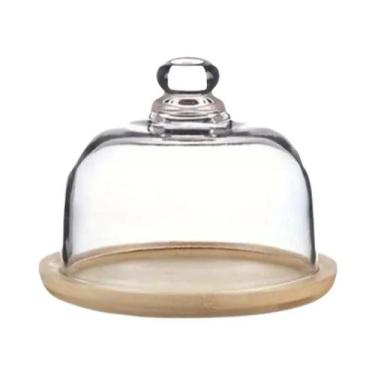 Imagem de Suporte De Bolo De Bambu Com Tampa De Vidro Transparente À Prova De Po