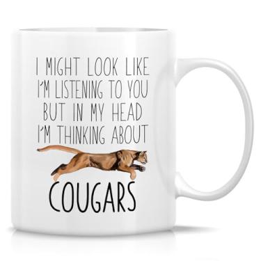 Imagem de Retreez Caneca divertida para amantes do puma - Caneca Pensando em Cougar - Caneca de café ou chá de cerâmica de 325 ml - Presente hilário para entusiastas da vida selvagem, fãs de gatos grandes