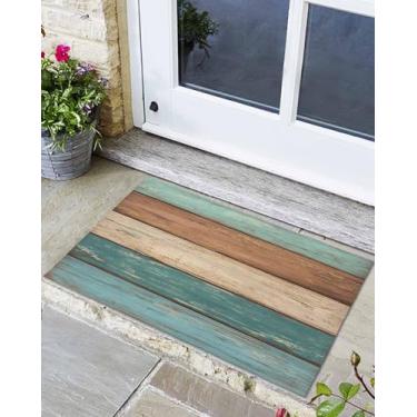 Imagem de Tapete de porta da frente da fazenda, tapetes de entrada absorventes antiderrapantes, capachos pequenos de entrada de grão de madeira para entrada interna/externa, tapete rústico marrom azul-petróleo