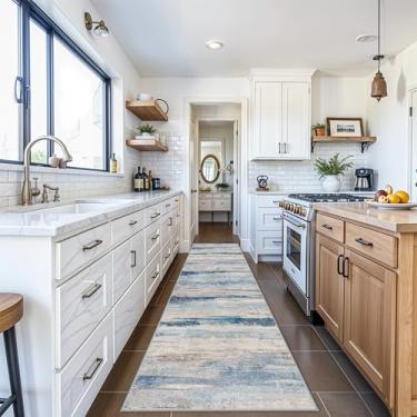 Imagem de Tapete de corredor de cozinha com padrão de onda de praia costeira ocidental - lavável interior moderno abstrato tapete de pilha baixa para casa de praia, corredor, entrada, lavanderia, aluguéis de