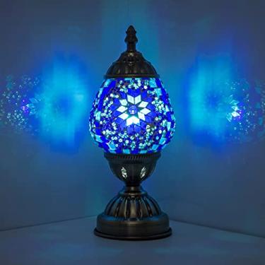 Imagem de Abajur de mesa marrocos turco feito à mão com mosaico de ovo abajur de vidro decoração de casa luminária de cabeceira Tiffany luz noturna para sala de estar quarto (azul)