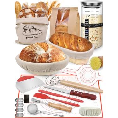 Imagem de Kit de assar pão fermentado – ferramentas para fazer pães – kit completo para iniciantes com cestas de impermeabilização, frasco, batedor de massa, tapete de pastelaria, faca de pão e ferramentas