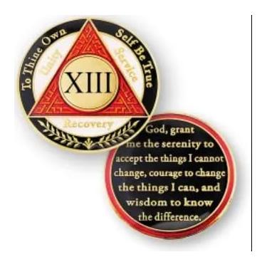 Imagem de AA Recovery Program Coin, 13 Year Anniversary, Red White Black